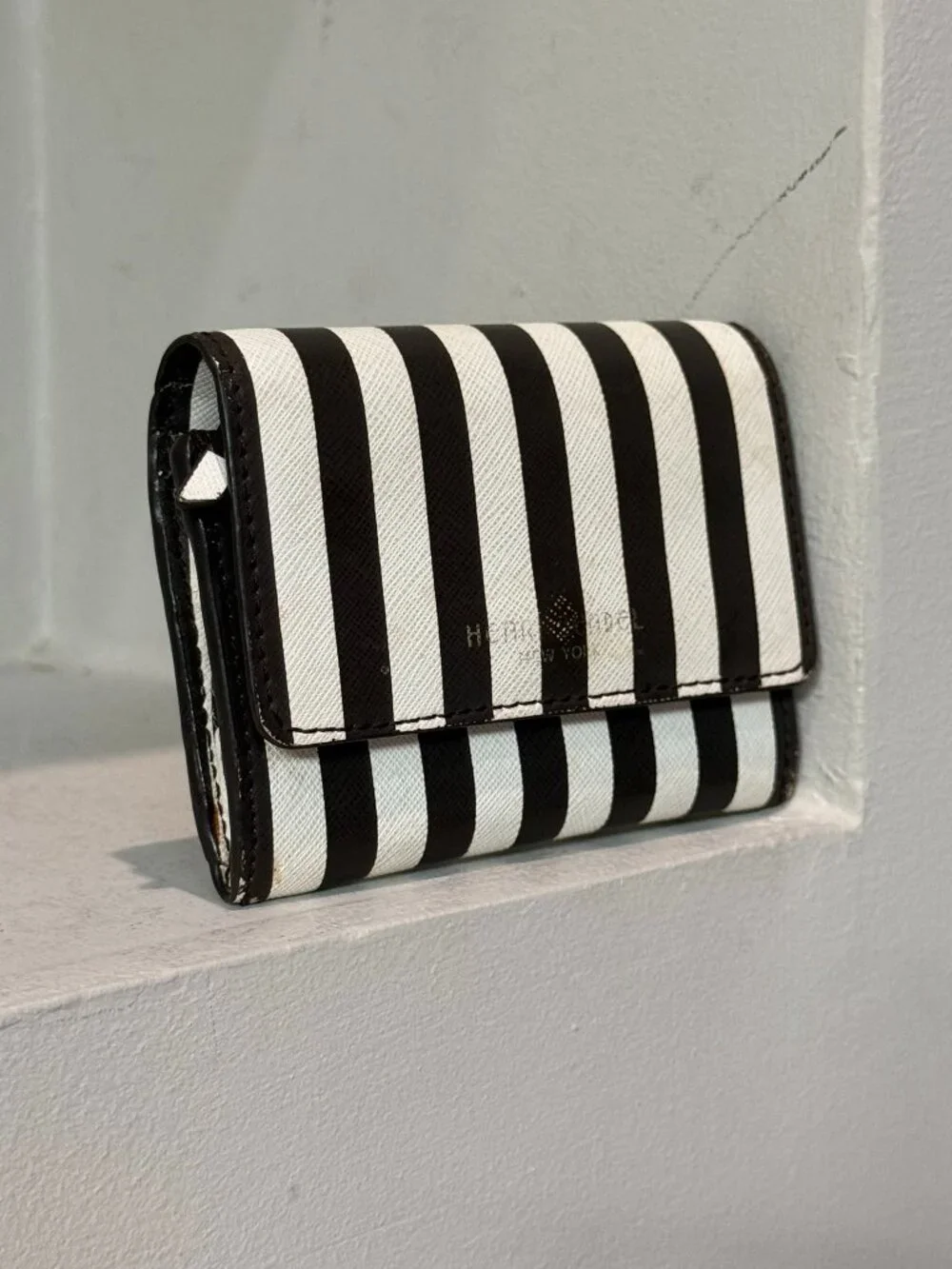 Henri Bendel Centennial Stripe Black White Compact Wallet ID Card Holder